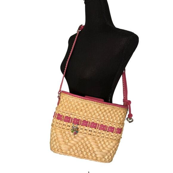 Brighton Tan Woven Straw Crossbody Bag Pink Leather Trim Adjustable StrapSummer - Picture 3 of 7